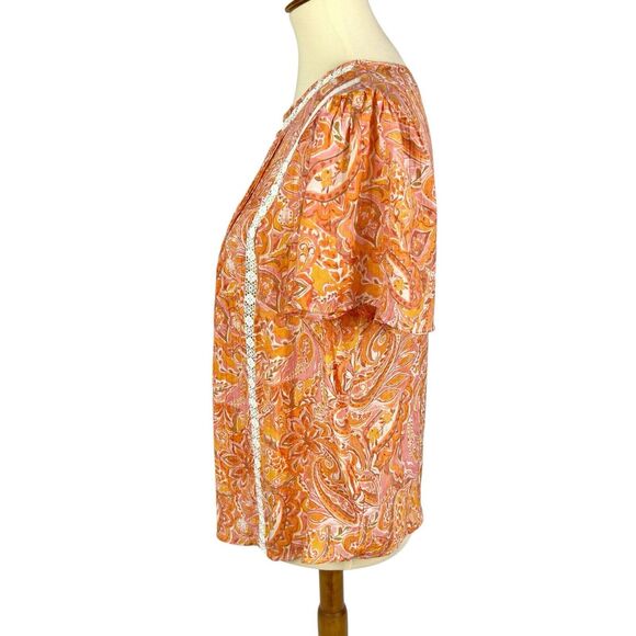 Nanette Lepore Orange Pink Floral Crochet Lace Short Flutter Sleeve Top Medium - Picture 3 of 8